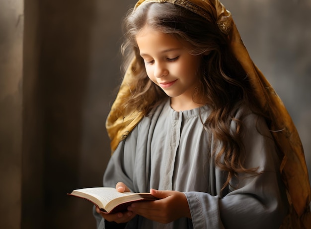 Jolie petite fille lisant le livre de la Sainte Bible Culte à la maison