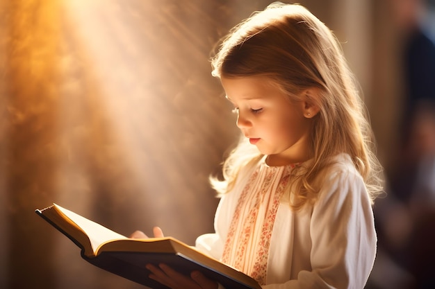 Jolie petite fille lisant le livre de la Sainte Bible Culte à la maison