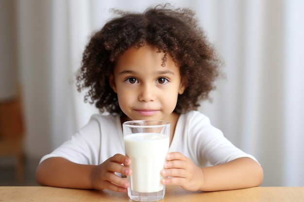 Photo jolie petite fille métisse assise à la table de la cuisine avec un verre de lait à la main