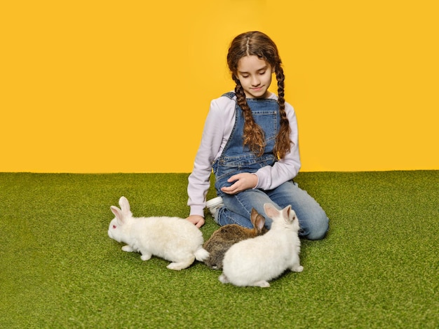 Jolie petite fille mignonne est allongée en train de jouer avec les lapins dans le fond jaune du studio