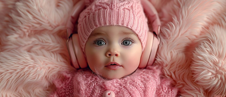 Photo une jolie petite fille nouvellement née en vêtements roses écoutant de la musique dans des écouteurs