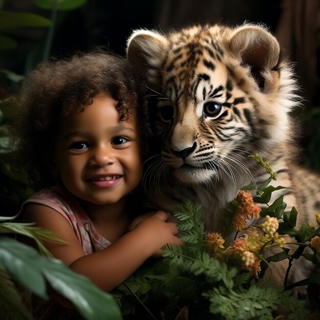 Photo une jolie petite fille avec un petit tigre sur un fond sombre thème animal