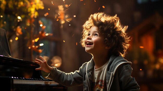 une jolie petite fille avec un piano à la maison jouant