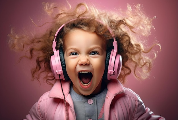 une jolie petite fille portant une paire d'écouteurs avec une expression excitée dans le style rose