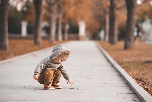 Jolie petite fille porte une veste avec capuche et pantalon assis dans un parc d'automne sur des feuilles mortes