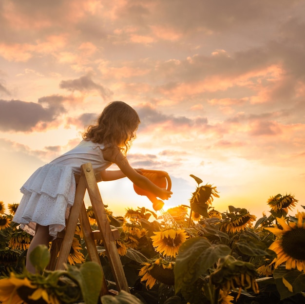 Jolie petite fille avec un pot sur l'échelle arrosant des tournesols sur le terrain au coucher du soleil. Concept de vie heureuse