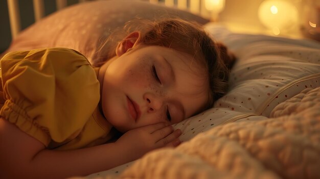 Photo une jolie petite fille qui dort dans son lit la nuit.