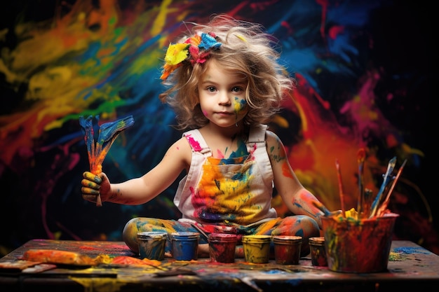 Une jolie petite fille qui joue avec des peintures.