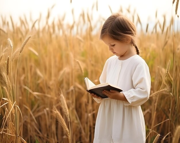 Une jolie petite fille qui lit la Bible à côté d'un champ de riz.