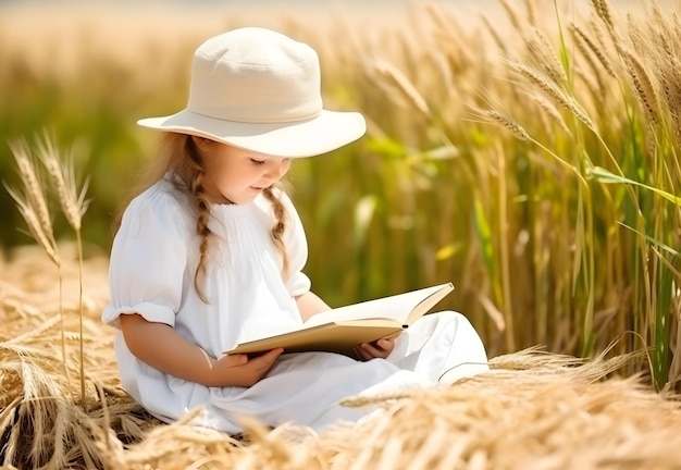 Une jolie petite fille qui lit la Bible à côté d'un champ de riz.