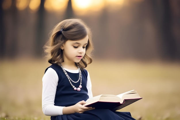 Une jolie petite fille qui lit la Bible à l'extérieur.