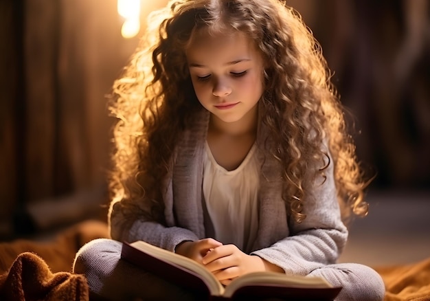 Une jolie petite fille qui lit le livre de la Bible.