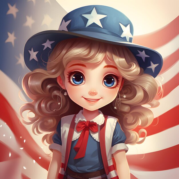 Photo jolie petite fille avec le rendu 3d du drapeau américain