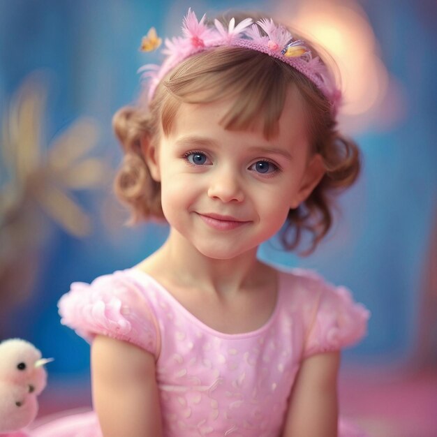 Une jolie petite fille en robe de princesse rose et bleue