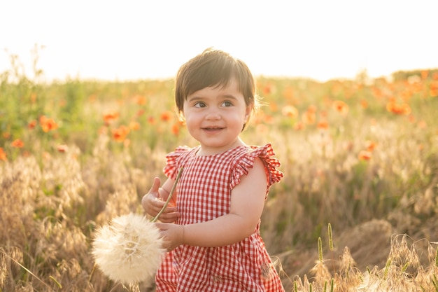 Jolie petite fille en robe rouge tenant un gros pissenlit sur champ de coquelicots au coucher du soleil d'été