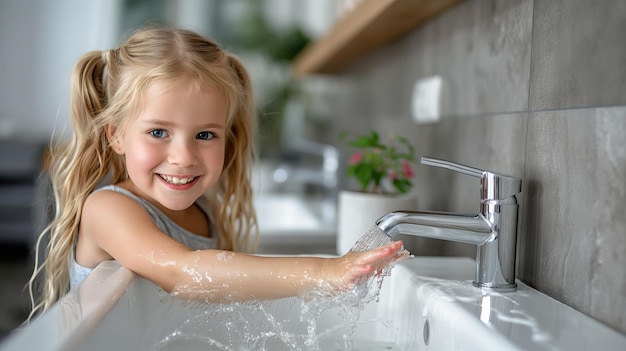 Une jolie petite fille se lave les mains dans l'évier de la salle de bain Un enfant se lave les main