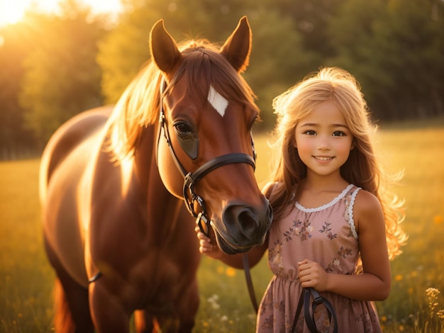 Une jolie petite fille avec son cheval sur un joli pré éclairé par la chaude lumière du soir