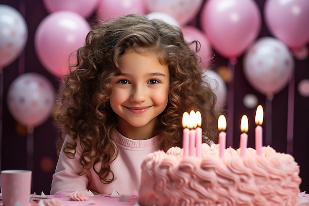 Photo une jolie petite fille souffle des bougies d'anniversaire confetti fond rose