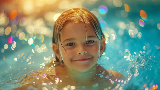 Une jolie petite fille souriante dans la piscine par une journée ensoleillée