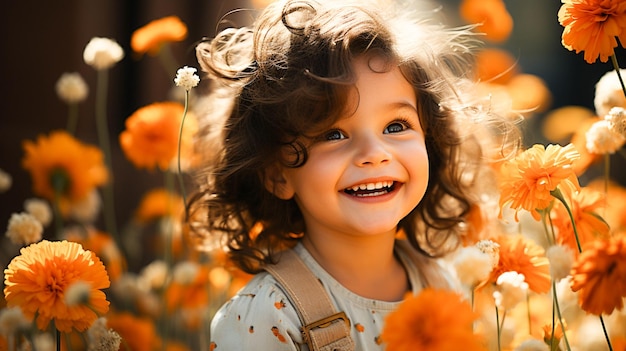 Jolie petite fille souriante jouant à l'extérieur entourée d'une nature colorée