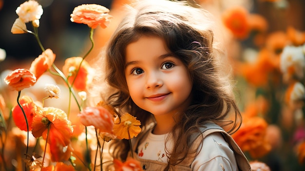 Jolie petite fille souriante jouant à l'extérieur entourée d'une nature colorée