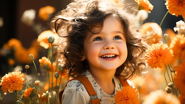 Jolie petite fille souriante jouant à l'extérieur entourée d'une nature colorée