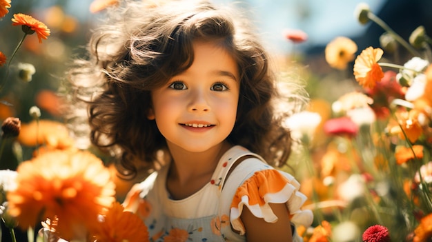 Jolie petite fille souriante jouant à l'extérieur entourée d'une nature colorée