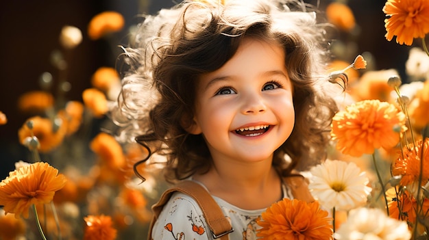 Jolie petite fille souriante jouant à l'extérieur entourée d'une nature colorée