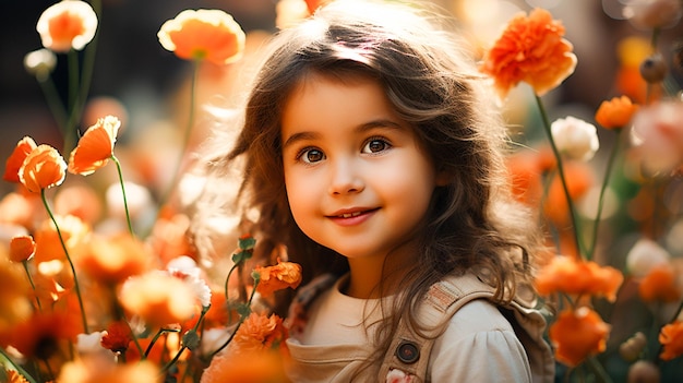 Jolie petite fille souriante jouant à l'extérieur entourée d'une nature colorée