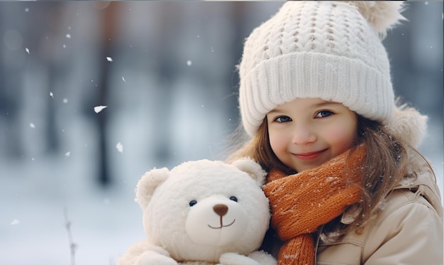 Une jolie petite fille tenant un ours en peluche par temps froid et la neige tombe vacances d'hiver voyage de Noël