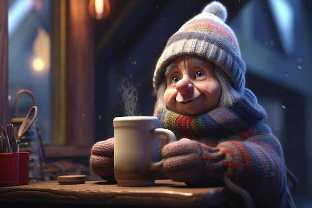 Jolie petite fille en vêtements d'hiver, buvant du chocolat chaud à la maison