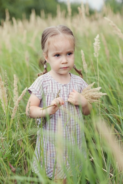 Une jolie petite fille vêtue d'une robe sur un champ de blé avec des épillets en été, tenant un bouquet d'épillets dans ses mains et regardant au loin avec un regard triste.