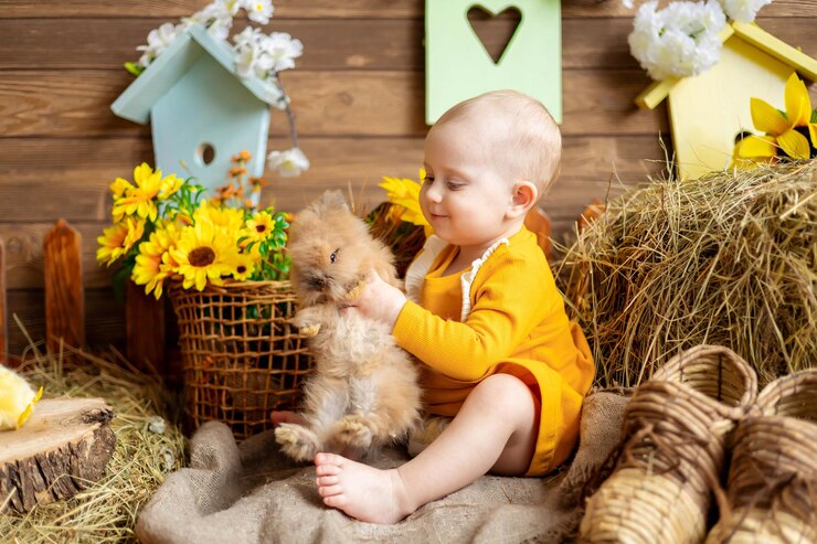 Photo une jolie petite fille vêtue d'une robe orange est assise sur un foin sur un fond sombre avec des oeufs de pâques parmi des fleurs avec des lapins et des accessoires de pâques célébration de la grande pâques traditions de pâques