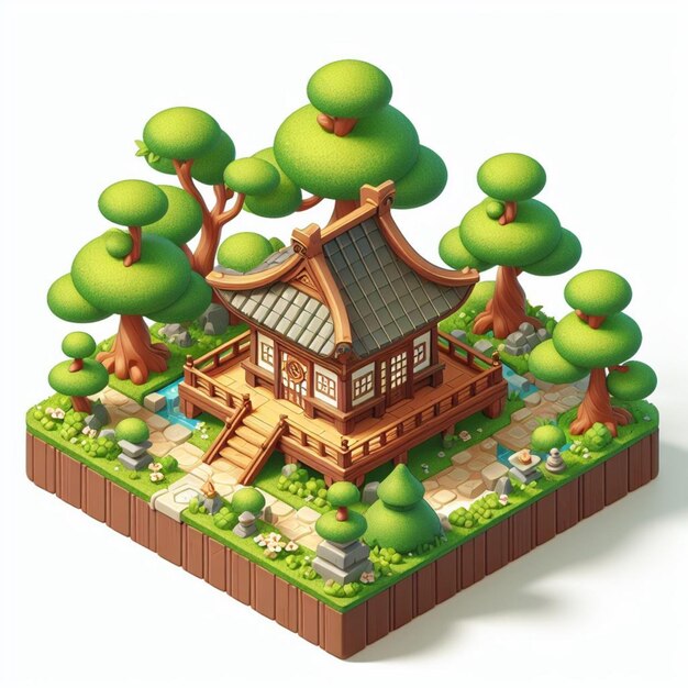 jolie petite forêt temple en bois zen jeu 3d isométrique détaillé fond blanc