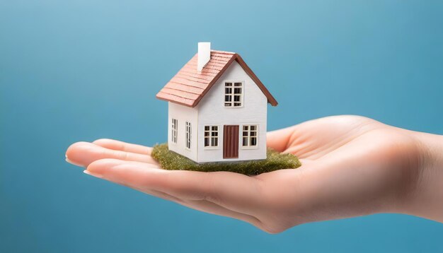 Une jolie petite maquette de maison sur la main d'une femme sur un fond bleu clair