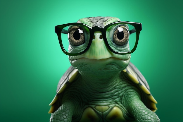 Jolie petite tortue verte avec des lunettes devant des livres d'étude Ai générative