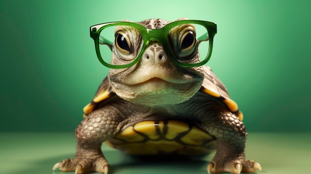 Une jolie petite tortue verte avec des lunettes Generate Ai