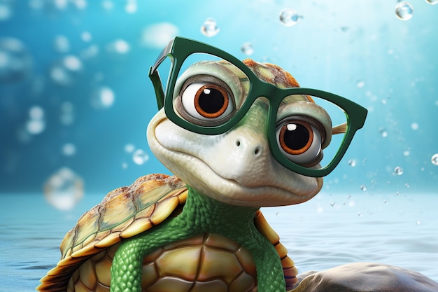 Jolie petite tortue verte avec des lunettes Un personnage élégant et adorable Génératif par Ai