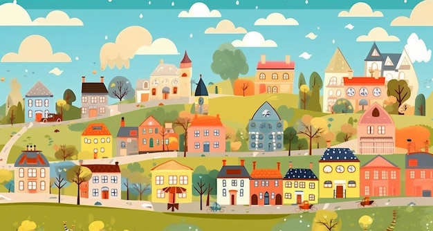 Jolie petite ville Enfants dessin Illustration AI GenerativexA