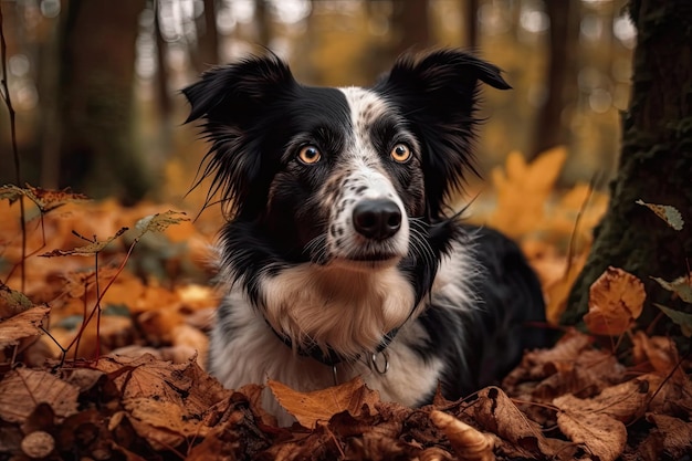 Une jolie photo d'un border collie juvénile jouant dans le feuillage d'automne Generative AI