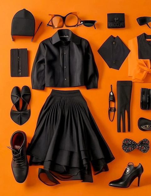 Une jolie robe avec une couleur noire et un fond orange.