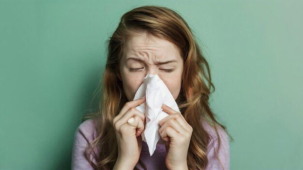 Une jolie rousse malade allergique éternuant dans une serviette.