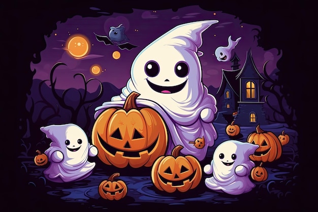jolie scène d'halloween avec des bonbons de sorcière fantôme belle ai générative de style dessin animé