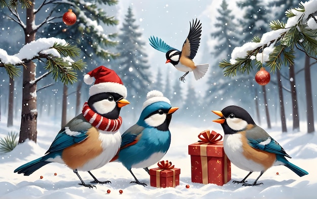Une jolie scène de Noël dans une forêt d'hiver avec des oiseaux et des cadeaux Peinture numérique