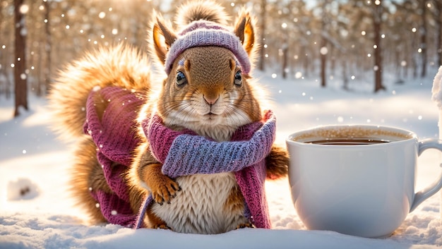 Une jolie tasse d'écureuil de dessin animé dans une clairière d'hiver
