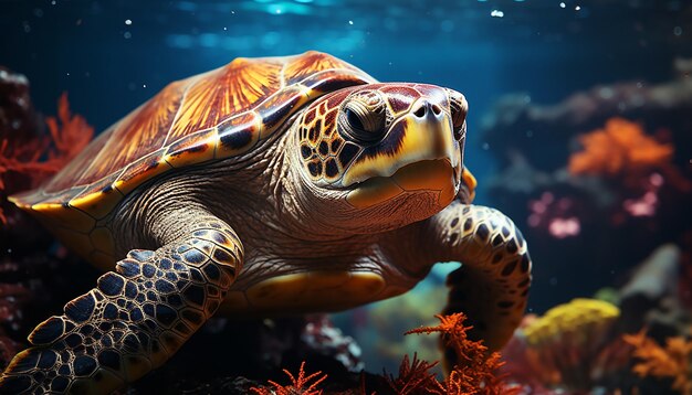 Une jolie tortue de mer nageant dans le récif bleu généré par l'intelligence artificielle