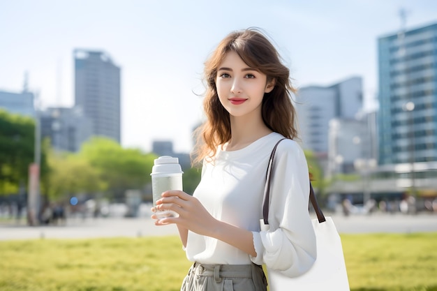 Une jolie touriste utilise une bouteille réutilisable et un sac en tissu Produits biodégradables Voyage durable