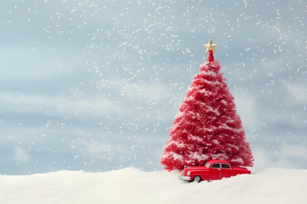 Une jolie voiture miniature sur le fond de la neige de Noël