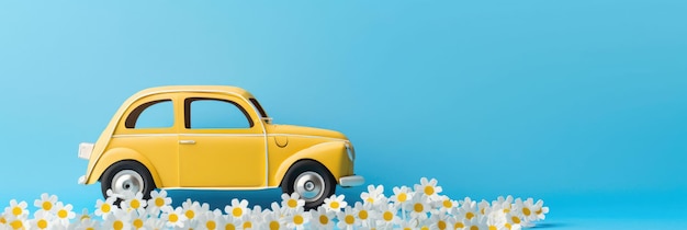 Une jolie voiture de papier jaune avec des fleurs de printemps blanches en arrière-plan générée par l'IA