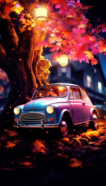 Jolie voiture sous un arbre, éclairage coloré flou généré par Ai